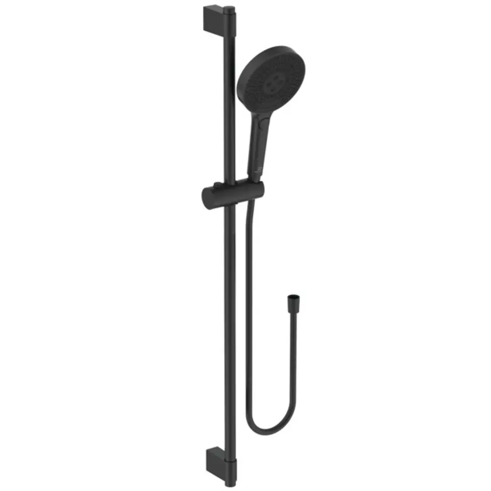Brausekombination von Ideal Standard in schwarzem Finish, bestehend aus einer Wandhalterung, einem Duschkopf und einem flexiblen Schlauch.